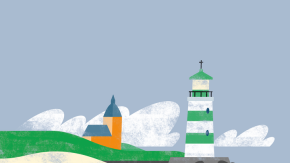 Illustration eines Leuchtturms und einer Kirche